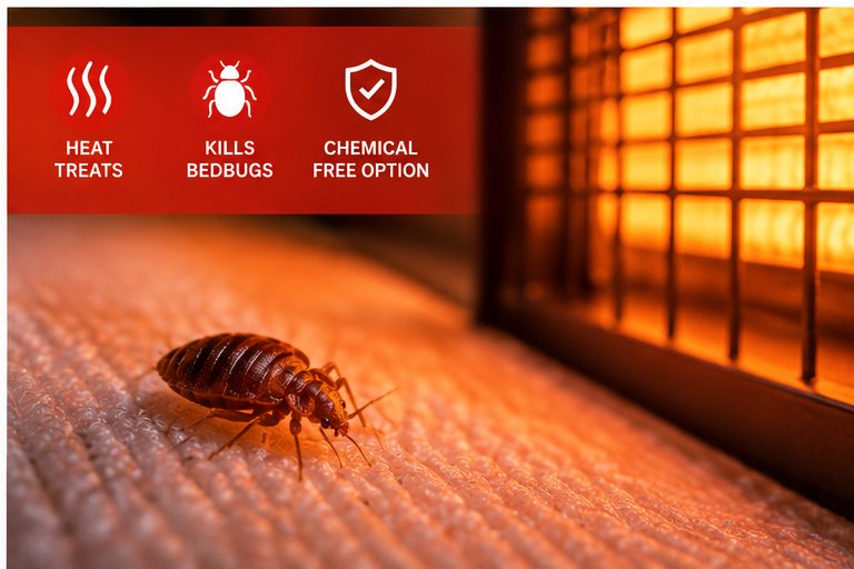 A bedbug on a warm surface, captioned heat treats, kills bedbugs, chemical free option