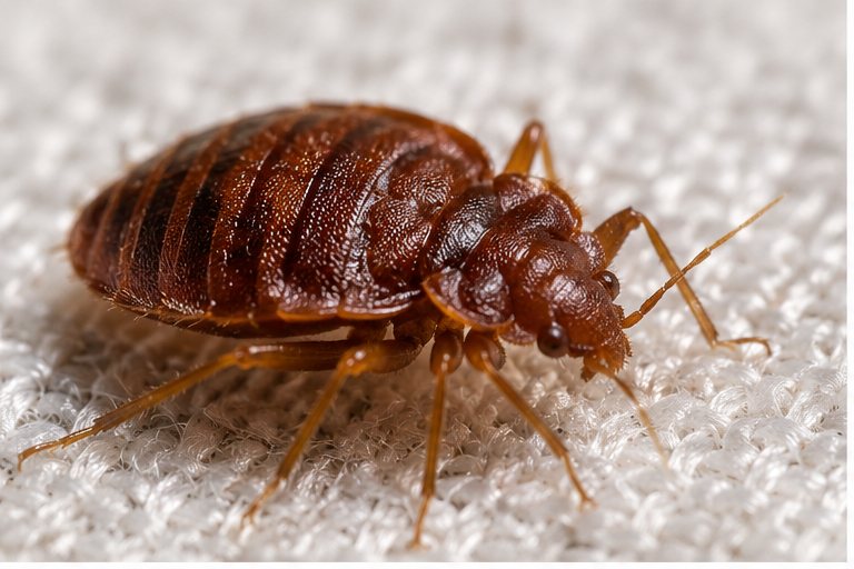 A close view of an adult bedbug on woven fabric