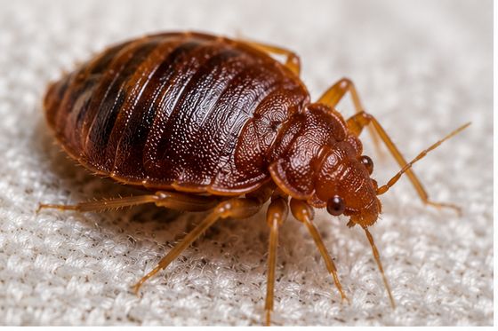 A close view of an adult bedbug showing its flat oval body