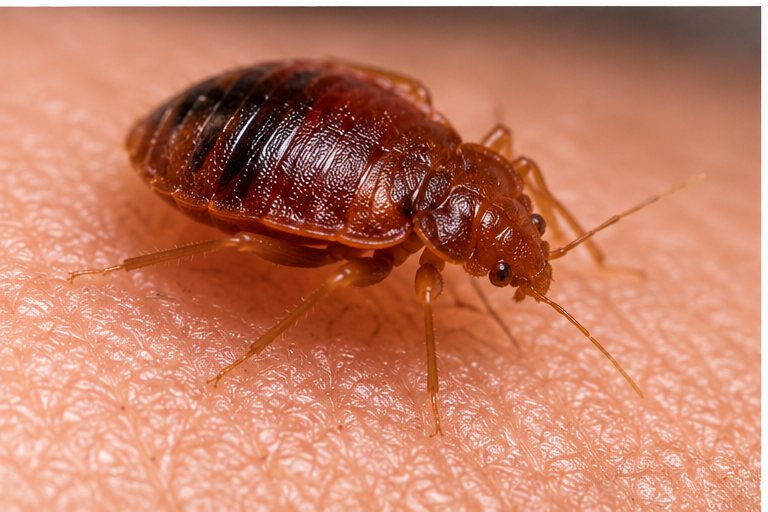 A bedbug photographed close up on a pale surface