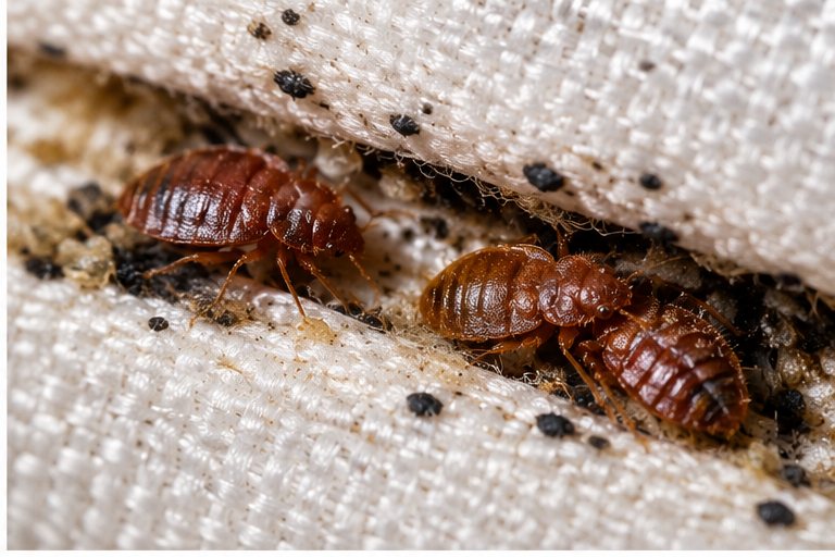 A cluster of bedbugs and dark spotting in a fold of fabric