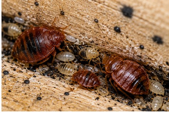 Adult bedbugs, young bedbugs and eggs together on fabric