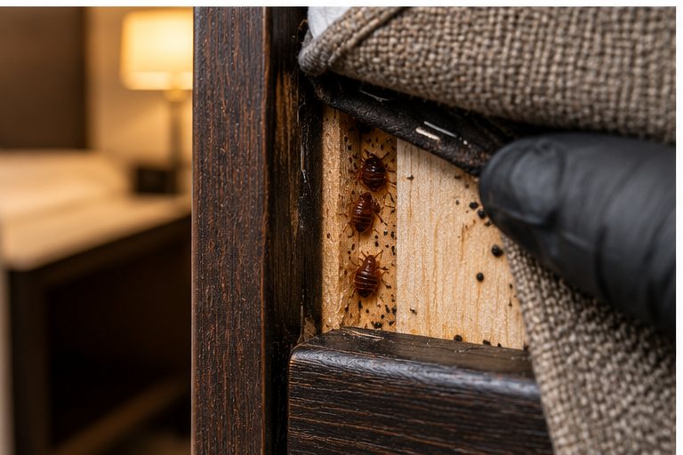 A gloved hand lifting the corner of a bed frame to reveal bedbugs in the timber joint