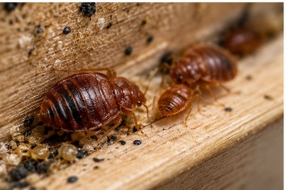 Bedbugs and eggs along the edge of a timber bed frame