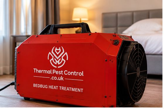 A Thermal Pest Control bedbug heat treatment machine set up beside a bed in a bedroom