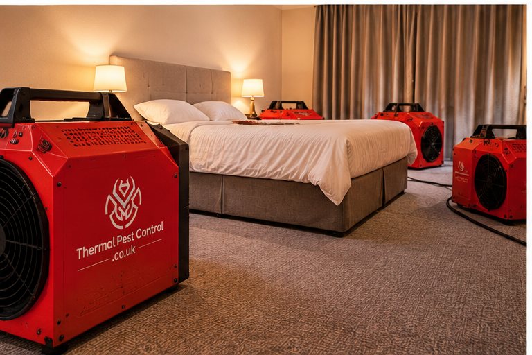 A bedroom during a heat treatment, with the heater at the foot of the bed and circulation fans either side