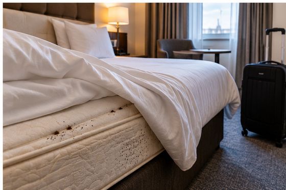 A made hotel bed with a suitcase beside it