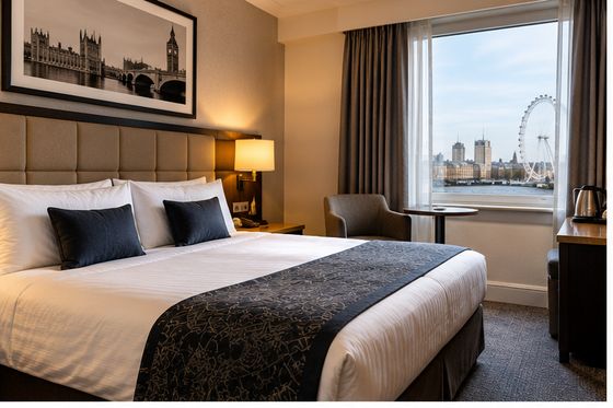 A hotel bedroom with a London skyline through the window