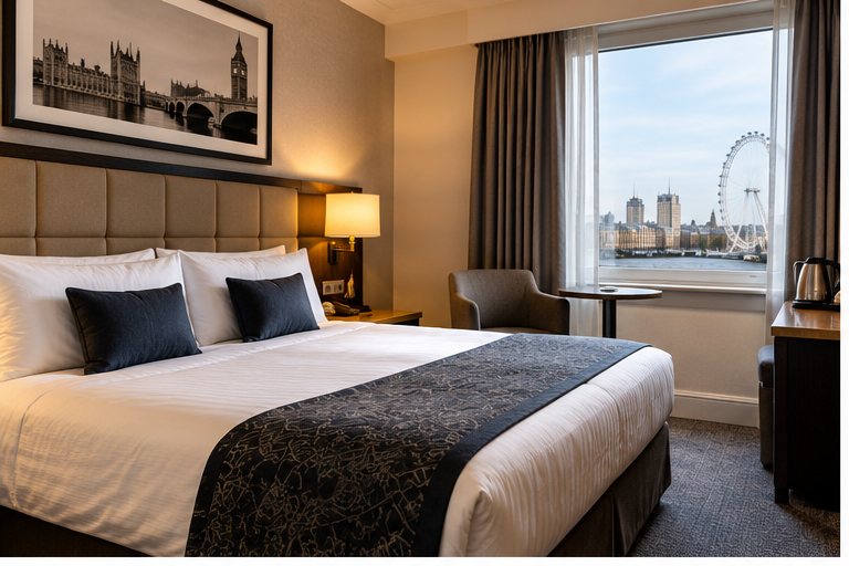 A hotel bedroom with a London skyline through the window