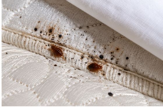 Dark spotting and staining along a mattress seam, a common first sign of bedbugs