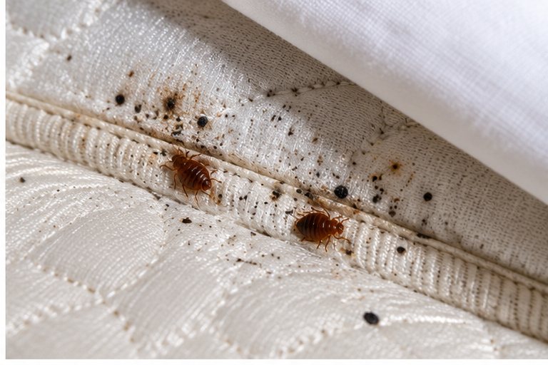 Dark spotting and staining along a mattress seam, a common first sign of bedbugs