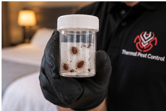 A gloved hand holding a specimen pot containing collected bedbugs