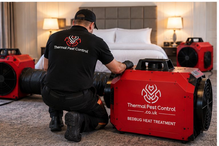 A technician kneeling beside the heat treatment equipment in a hotel bedroom