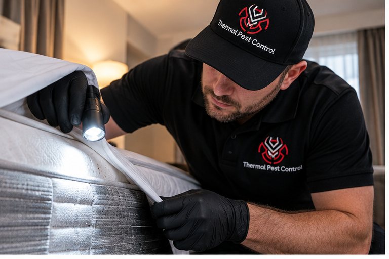 A technician in branded uniform lifting a mattress to inspect the seam underneath