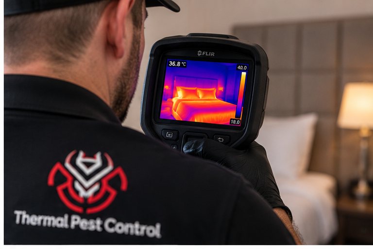 A technician holding a thermal imaging camera up to a bed to check the temperature has been reached