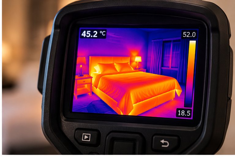 A thermal imaging camera screen showing a bed reading 45.2 degrees during a heat treatment